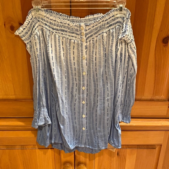 Miss Me Tops - Blue fade off the shoulder long sleeve